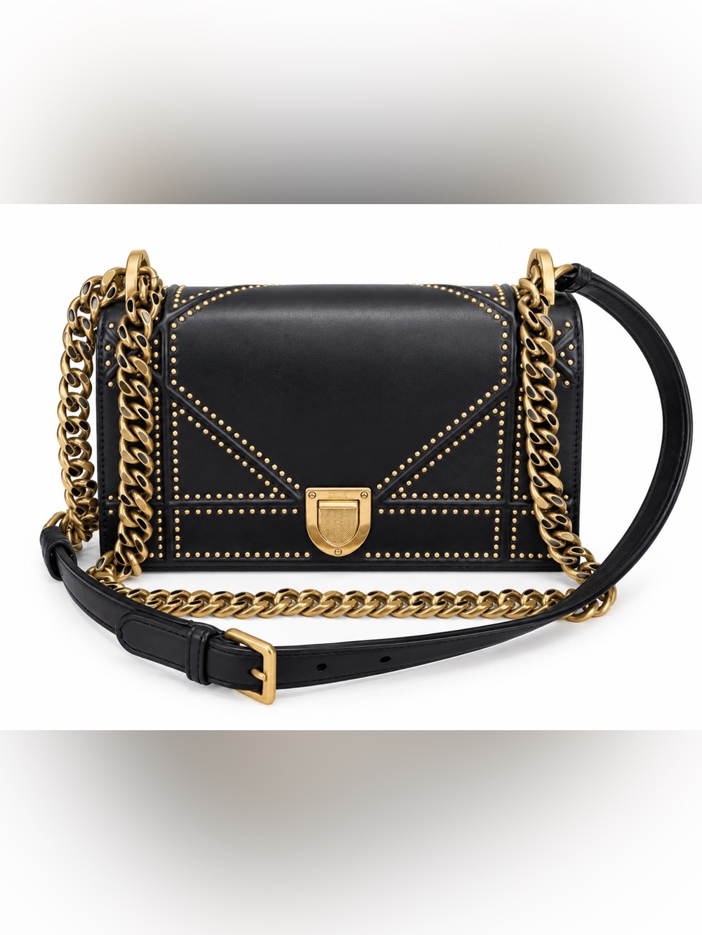 Dior Black Leather Crossbody Bag with Gold Studs and Chain